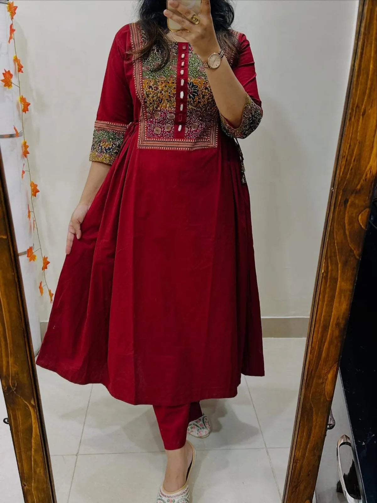 Maroon Cotton Anarkali Kurta Set for Women with Printed Yoke & Pants