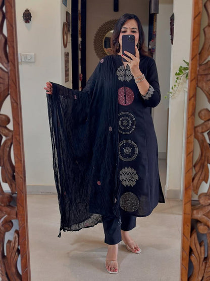 Blue Color Cotton Embroidered Suit Set