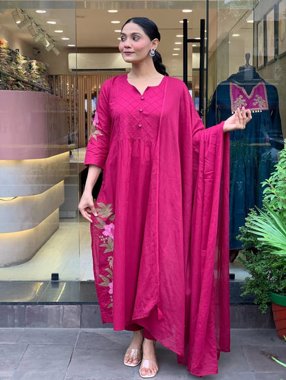 Regal Rani Pink Kurta Set with Floral Embroidery