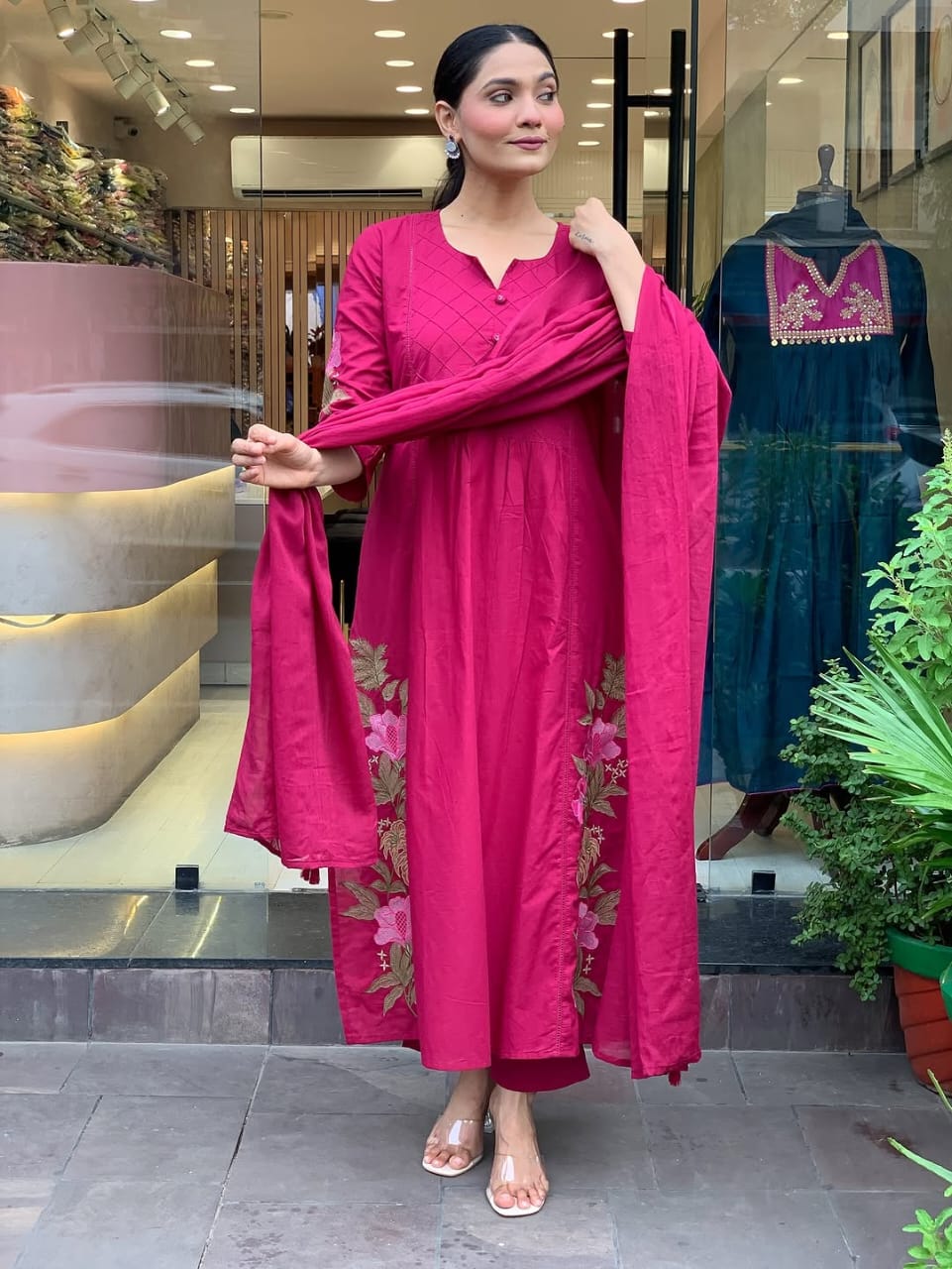 Regal Rani Pink Kurta Set with Floral Embroidery