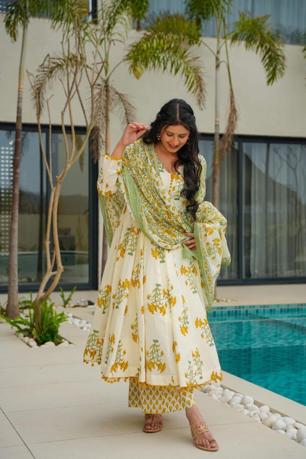 Women Floral Printed Anarkali Calf Length Kurta With Trousers & Dupatta Set