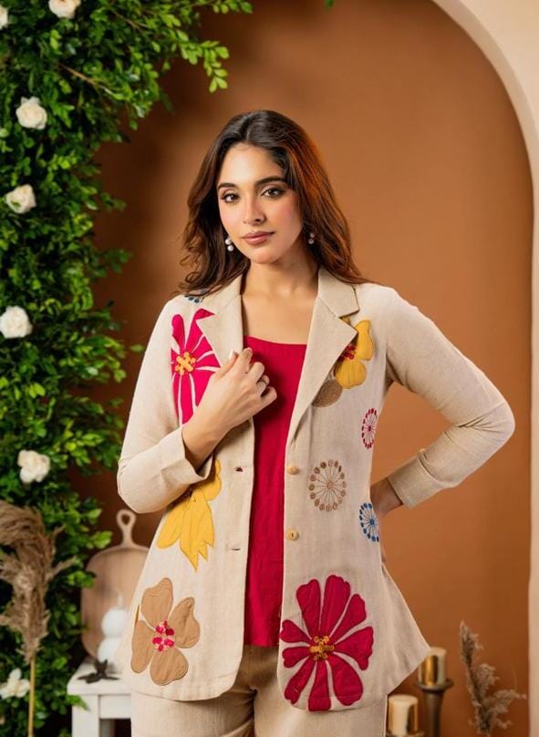 Pure Cotton Jute Appliqué Work Blazer Style Co-Ord Set In Beige