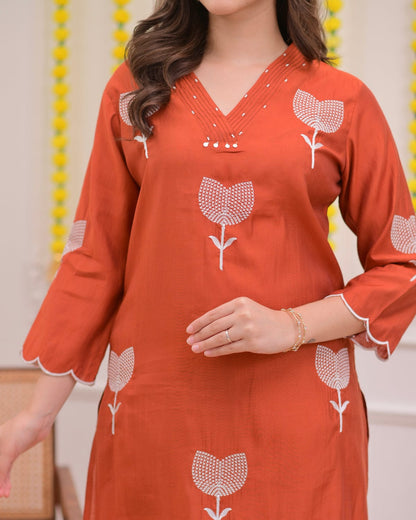Rust Brown Minimalist Embroidered Suit Set