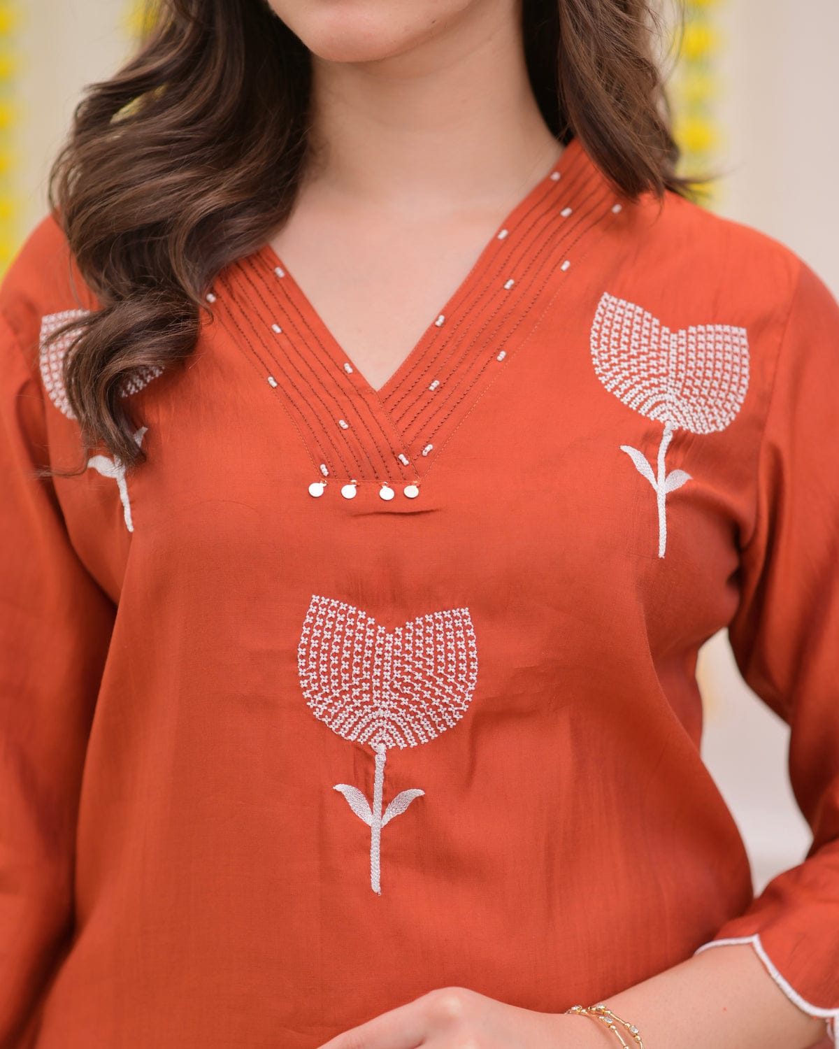 Rust Brown Minimalist Embroidered Suit Set