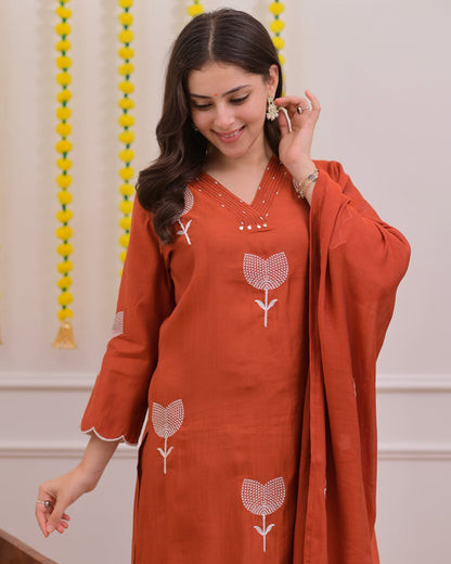 Rust Brown Minimalist Embroidered Suit Set
