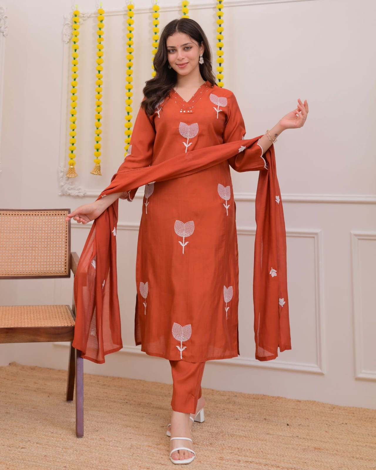 Rust Brown Minimalist Embroidered Suit Set