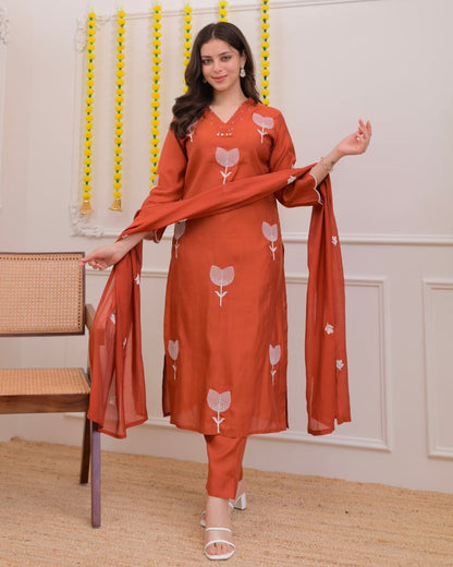 Rust Brown Minimalist Embroidered Suit Set