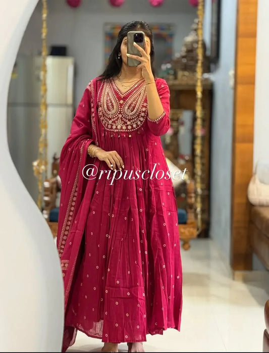 Stylish Cotton Embroidery Work Anarkali Kurti Set