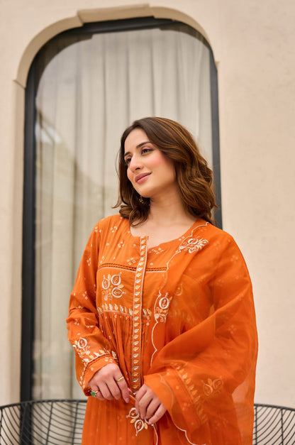 Rust Orange Bandhani Mul Cotton A Line Handwork Suit