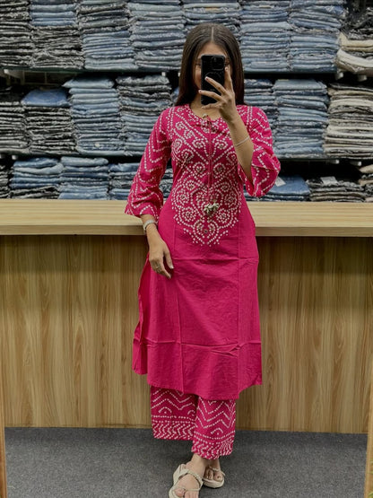 Rani Pink Bandhani Print Kurta Set with Dupatta