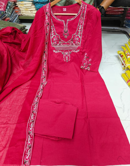 Rani Pink Embroidered Cotton Kurta Pant & Dupatta Set for Women