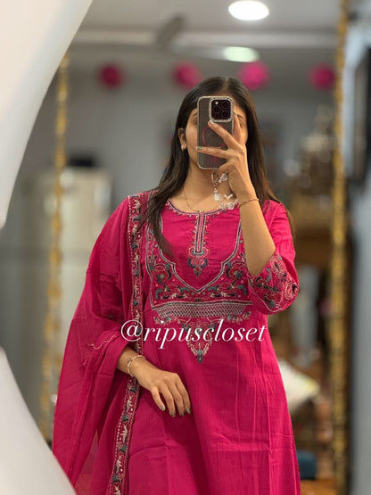 Rani Pink Embroidered Cotton Kurta Pant & Dupatta Set for Women