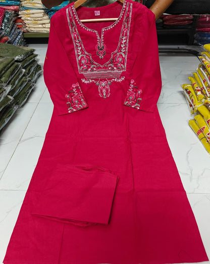 Rani Pink Embroidered Cotton Kurta Pant & Dupatta Set for Women
