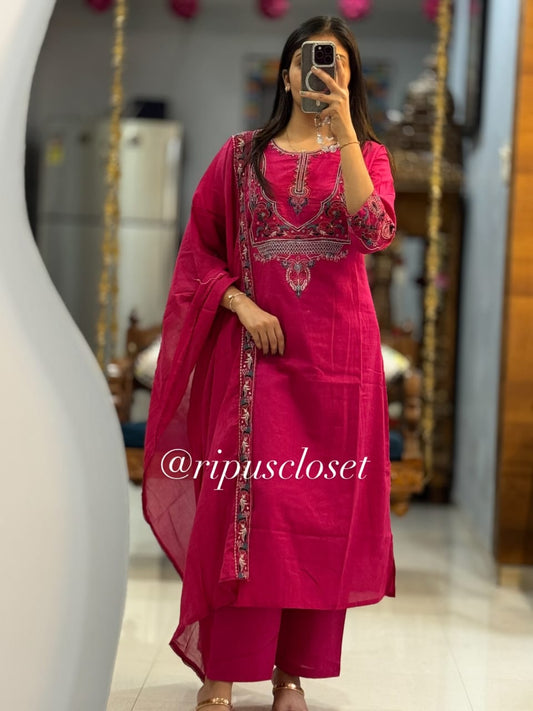 Rani Pink Embroidered Cotton Kurta Pant & Dupatta Set for Women