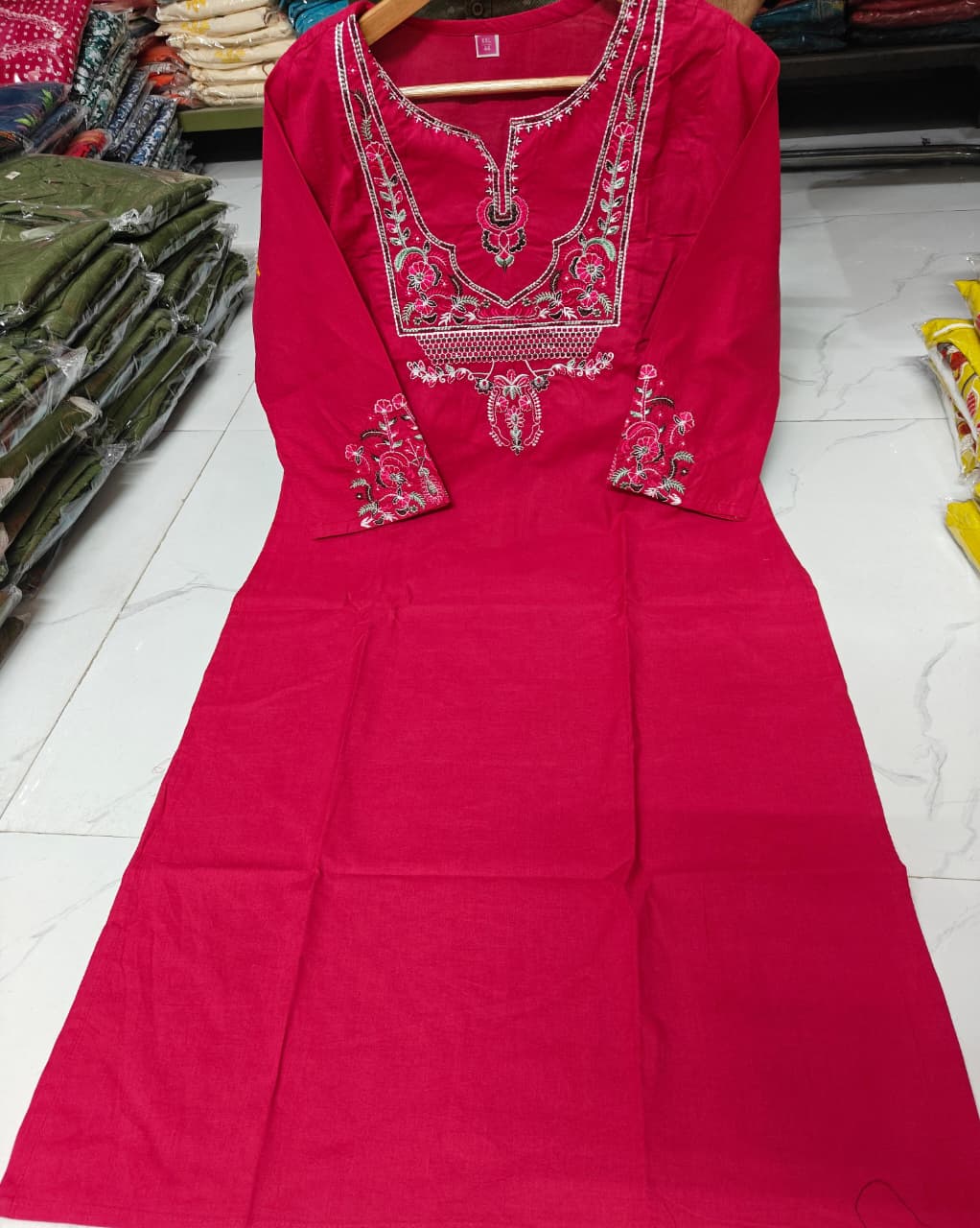 Rani Pink Embroidered Cotton Kurta Pant & Dupatta Set for Women