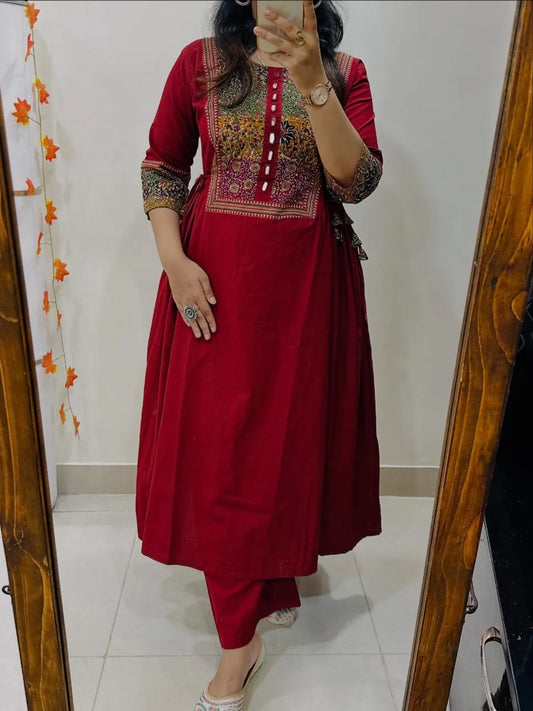 Maroon Cotton Anarkali Kurta Set for Women with Printed Yoke & Pants