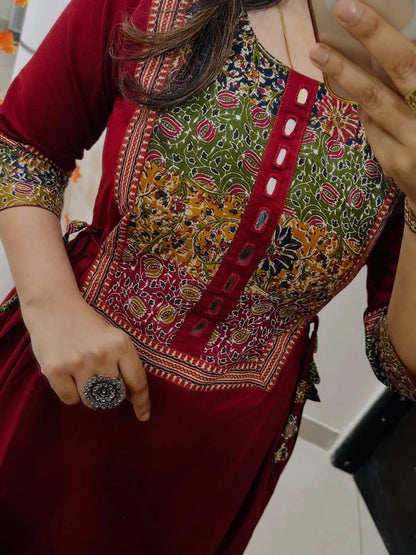 Maroon Cotton Anarkali Kurta Set for Women with Printed Yoke & Pants