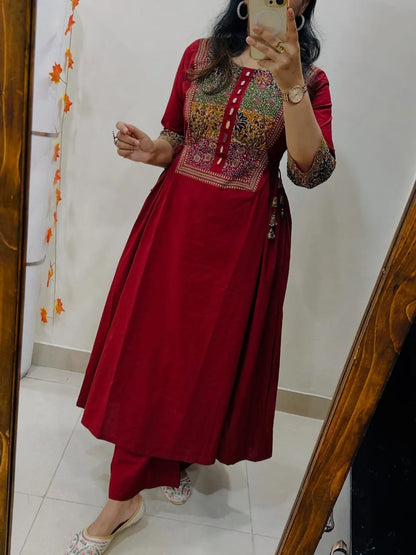 Maroon Cotton Anarkali Kurta Set for Women with Printed Yoke & Pants